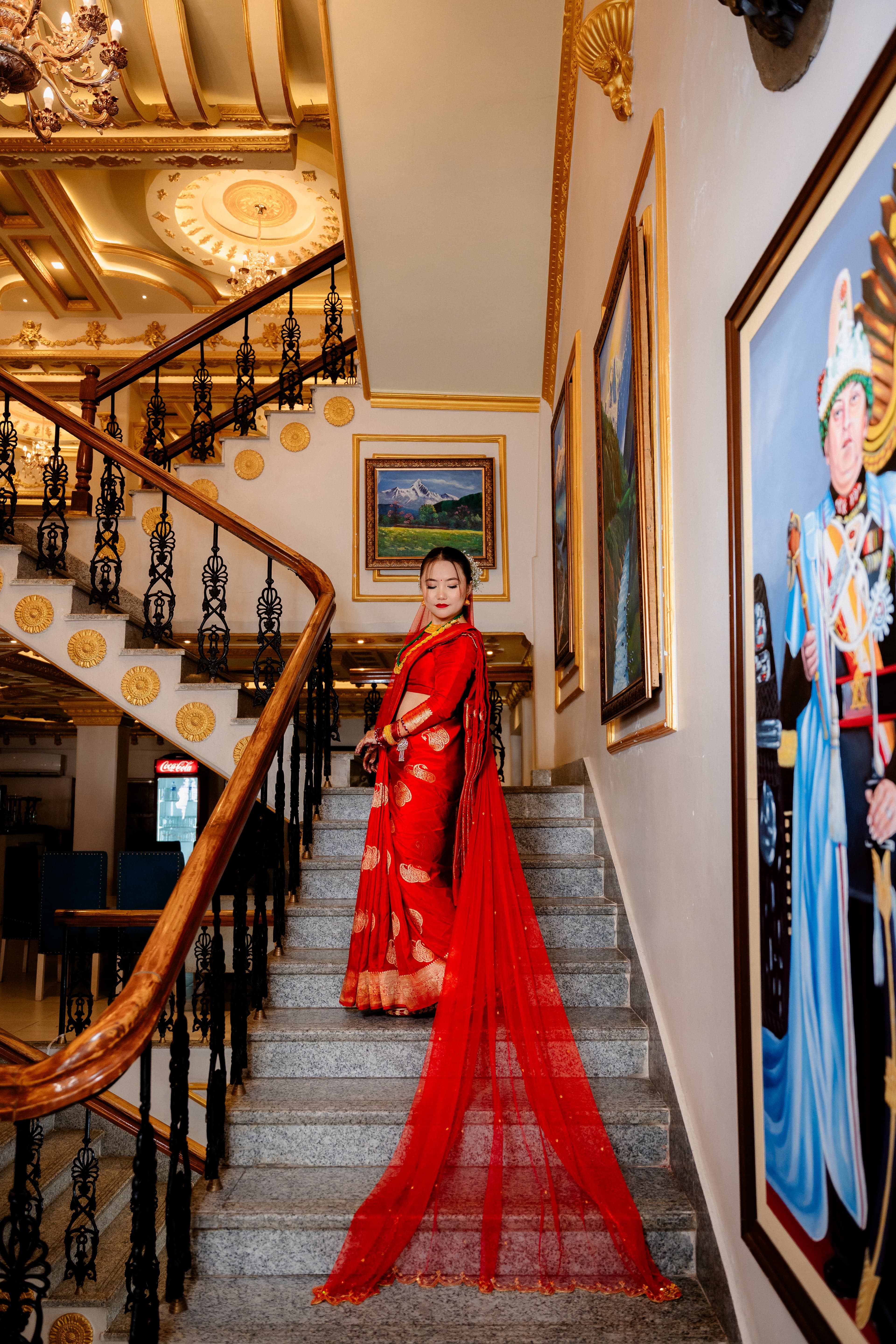 Bride with Red Veil on Staircase