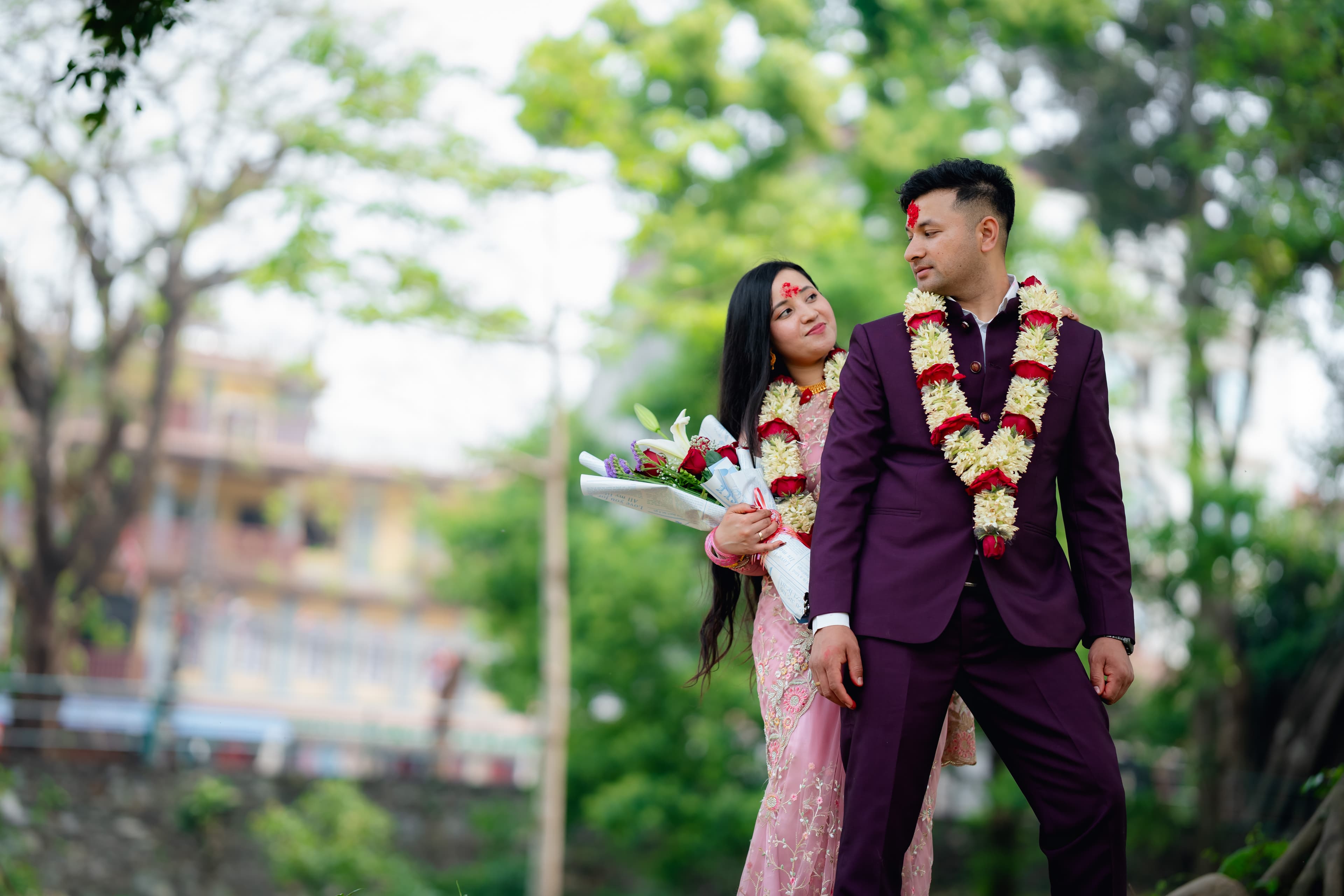 Engagement Couple with Bouquet