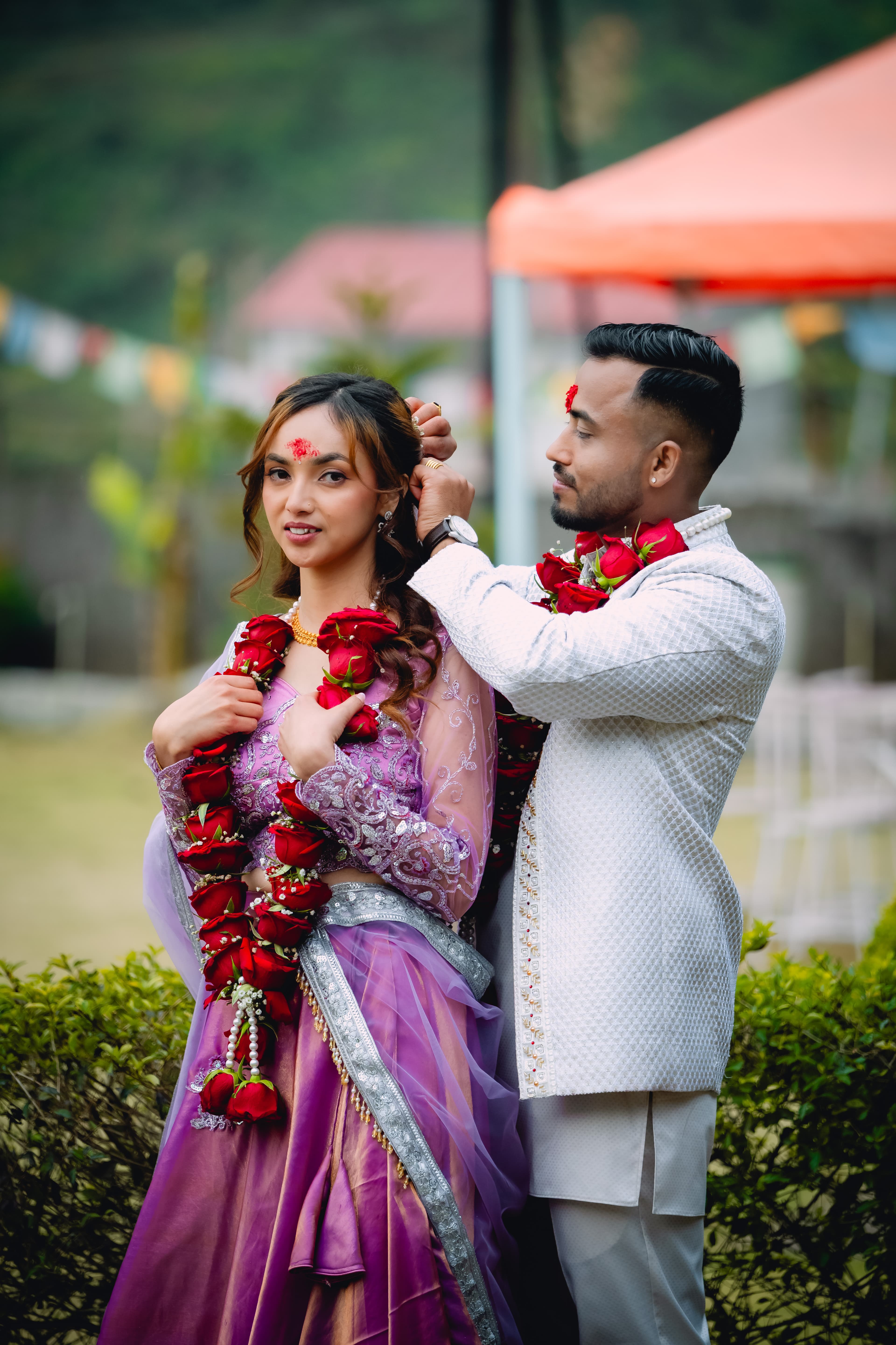 Engagement Couple with Lilac Outfits